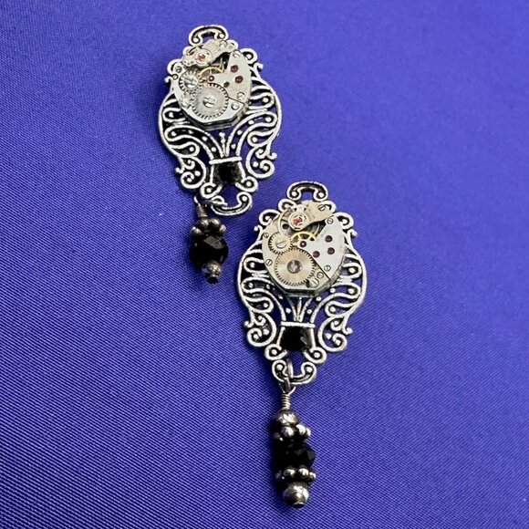 Steampunk Dangle Post Earrings Watch Gear 17 Jewels. - Picture 7 of 14